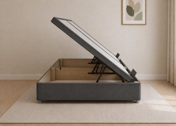 Charcoal fabric side lift ottoman bed with thick corner posts and reinforced storage base, open to show gas-assisted mechanism.