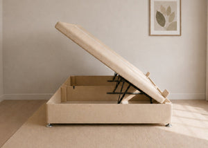 Beige fabric side lift ottoman bed with thick corner posts and reinforced storage base, open to show gas-assisted mechanism.