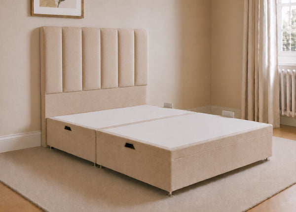 Sand fabric side lift ottoman bed with thick corner posts and reinforced storage base with Iris Floor-Standing Headboard.