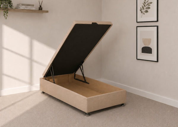 Single sand fabric end lift ottoman bed with open storage base and reinforced gas pistons.