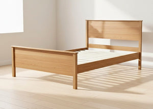 Stavern Pine Bed: Natural Scandinavian pine bed frame with a strong headboard and solid wooden slats.