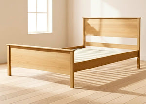 Stavern Pine Bed: Natural solid Scandinavian pine bed frame with a minimalist design and sturdy wooden slats.