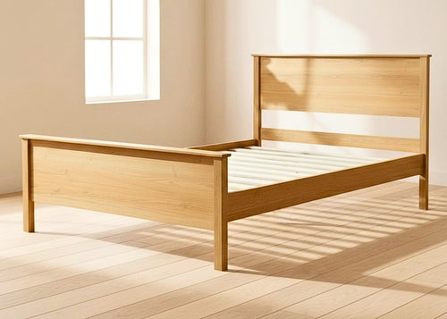 Stavern Pine Bed: Natural solid Scandinavian pine bed frame with a minimalist design and sturdy wooden slats.