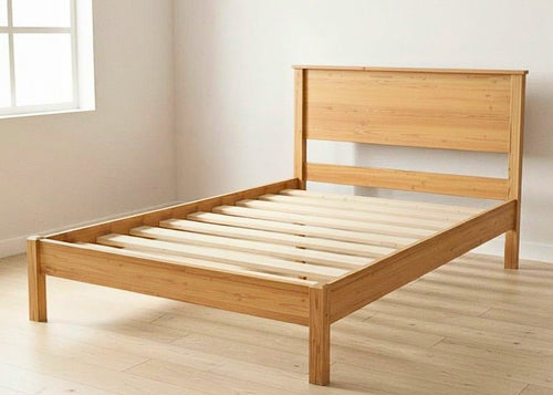 Stavern Pine Bed: Natural solid Scandinavian pine bed frame with clean lines and strong wooden slats.