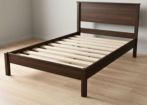 Stavern Pine Bed: Dark brown solid Scandinavian pine bed frame with sturdy wooden slats.