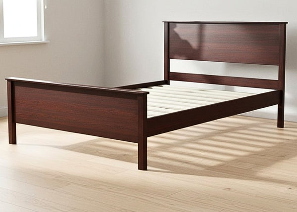 Stavern Pine Bed: Dark brown solid Scandinavian pine bed frame with strong wooden slats.
