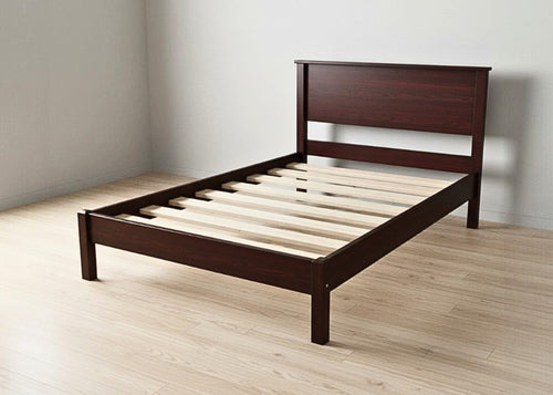 Stavern Pine Bed: Dark brown solid Scandinavian pine bed frame with sturdy wooden slats.