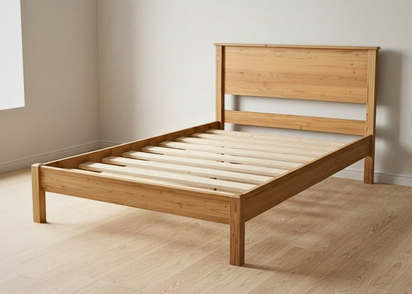 Stavern Pine Bed: Natural Scandinavian pine bed frame with solid wooden slats, clean lines, and a subtle profile.