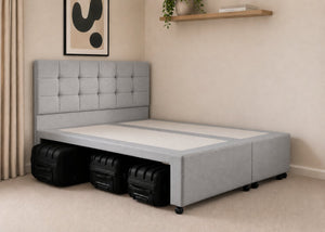 Suitcase Storage Divan in Light Grey with Floor-Standing Cube Headboard