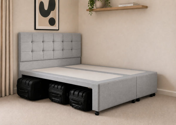 Suitcase Storage Divan in Light Grey with Floor-Standing Cube Headboard