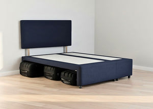 Suitcase Storage Divan Base in Navy Finish, with Strutted Hermia Headboard