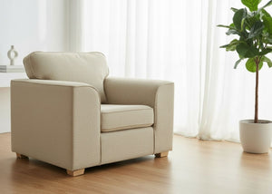 Angled view of Titan Chair Finished in Natural Flat Weave with light wood feet