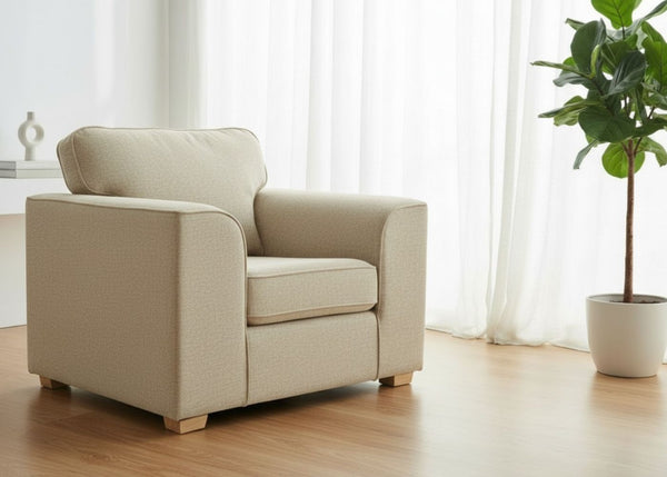 Angled view of Titan Chair Finished in Natural Flat Weave with light wood feet