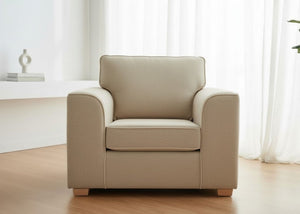 Front view of Titan Chair Finished in Natural Flat Weave with light wood feet