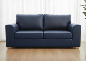 Titan sofa finished in Blue vinyl shown with light wood feet