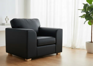 Angled view of Titan Chair Finished in Blue vinyl with light wood feet