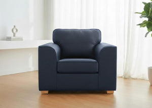 Titan Chair Finished in Blue vinyl with light wood feet