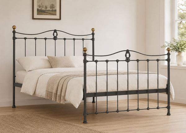 Tula Black Metal Bed with Brass Finials and Scroll Bar Detailing | King Size