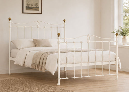 Tula White Metal Bed with Brass Finials and Scroll Bar Detailing | King Size