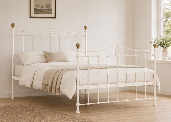 Tula White Metal Bed with Brass Finials and Scroll Bar Detailing | King Size