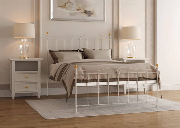 Tula Bed in Ivory, with Gold Finials