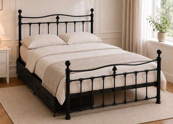 Tunstall Black Metal Bed in Double Size with Underbed Drawers