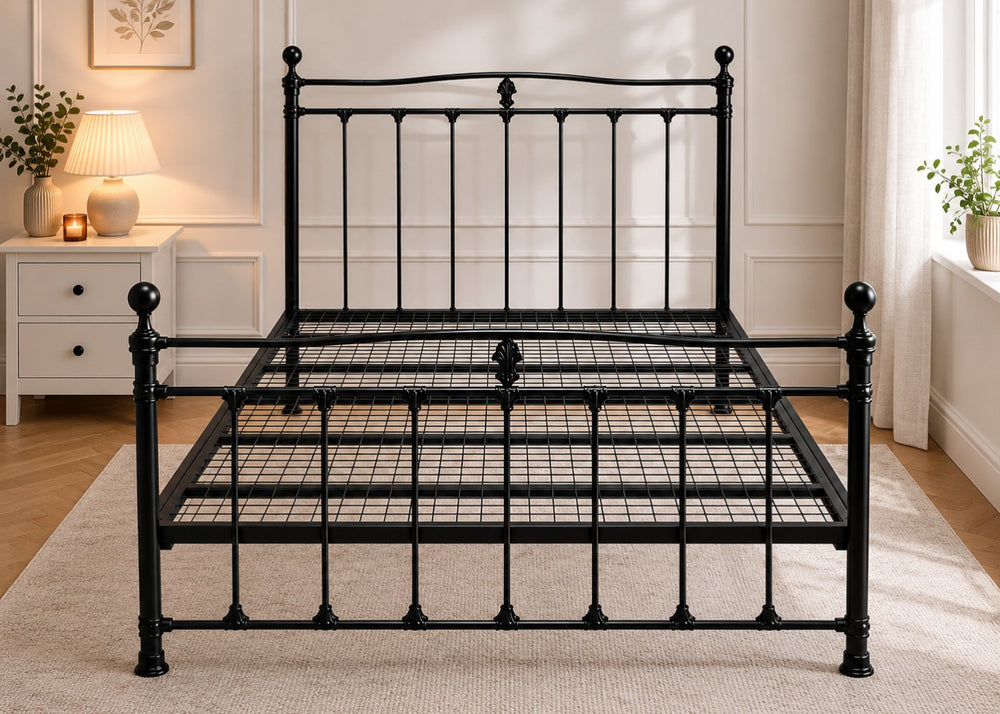 Black Tunstall metal bed frame with reinforced mesh base, thick steel, and decorative finials.