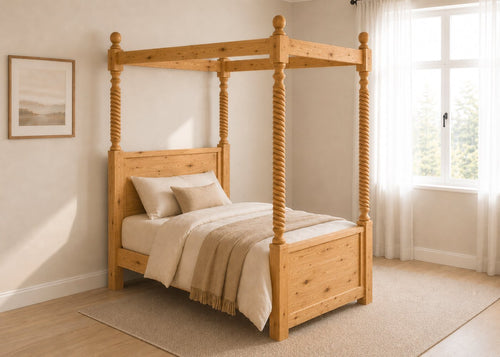 Warsaw Four Poster bed, natural wood finish, substantial corner posts, slatted base, and tall vertical posts in antique and single size.