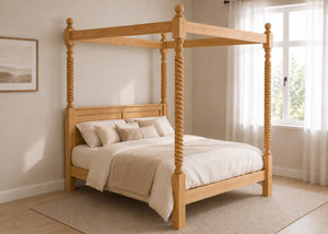 Warsaw Four Poster bed, natural wood with twisted posts, solid frame, and slatted base in antique.