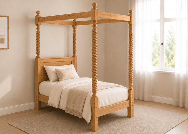 Warsaw Four Poster bed, natural wood finish, substantial corner posts, slatted base, and tall vertical posts in antique and single size.