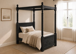 Warsaw Four Poster bed, natural wood finish, substantial corner posts, slatted base, and tall vertical posts in black and single size.