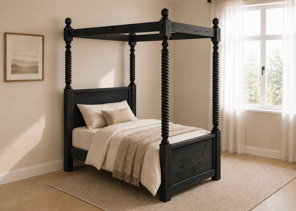 Warsaw Four Poster bed, natural wood finish, substantial corner posts, slatted base, and tall vertical posts in black and single size.
