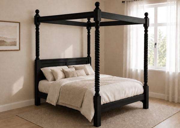 Warsaw Four Poster bed, natural wood with twisted posts, solid frame, and slatted base in black.