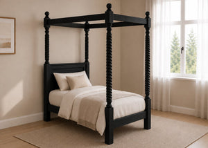 Warsaw Four Poster bed, natural wood finish, substantial corner posts, slatted base, and tall vertical posts in black and single size.