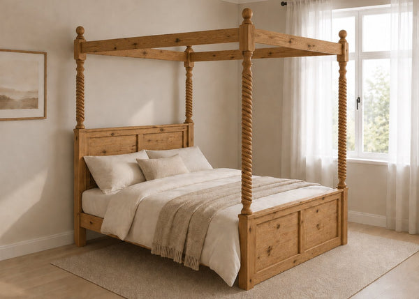 Warsaw Four Poster bed, natural wood finish, substantial corner posts, slatted base, and tall vertical posts in oak.