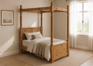 Warsaw Four Poster bed, natural wood finish, substantial corner posts, slatted base, and tall vertical posts in oak and single size.