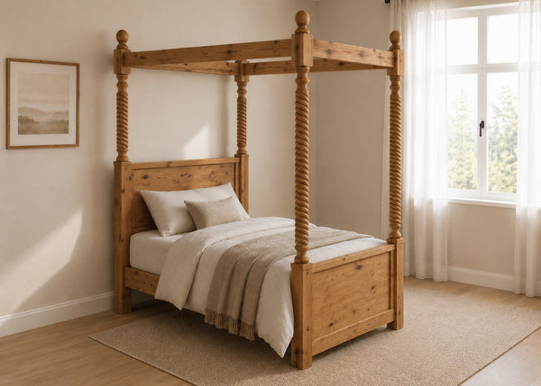Warsaw Four Poster bed, natural wood finish, substantial corner posts, slatted base, and tall vertical posts in oak and single size.