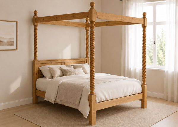 Warsaw Four Poster bed, natural wood with twisted posts, solid frame, and slatted base in oak.