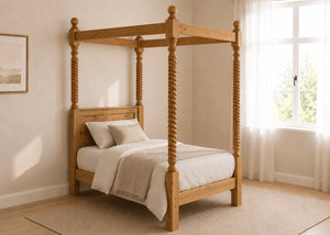 Warsaw Four Poster bed, natural wood finish, substantial corner posts, slatted base, and tall vertical posts in oak and single size.