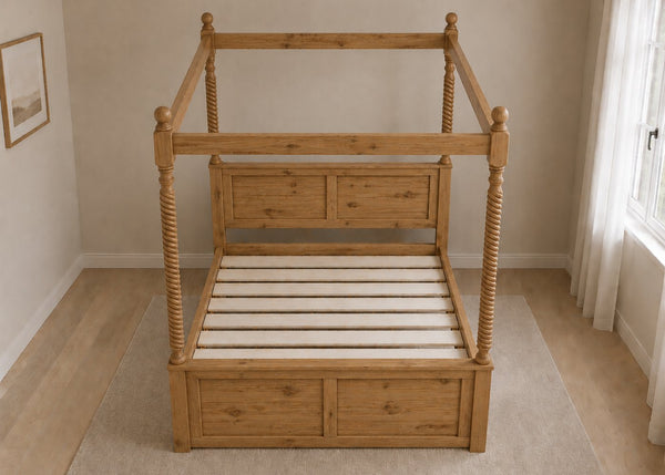 Warsaw Four Poster bed frame in natural wood with turned posts and solid slats.