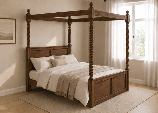 Warsaw Four Poster bed, natural wood finish, substantial corner posts, slatted base, and tall vertical posts in walnut.
