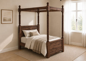 Warsaw Four Poster bed, natural wood finish, substantial corner posts, slatted base, and tall vertical posts in walnut and single size.