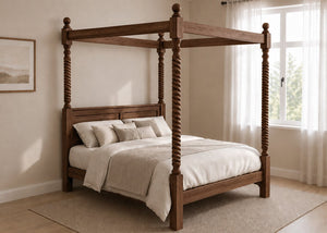 Warsaw Four Poster bed, natural wood with twisted posts, solid frame, and slatted base in walnut.
