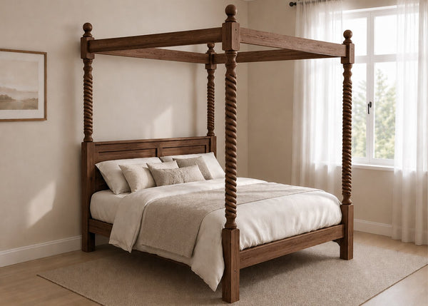 Warsaw Four Poster bed, natural wood with twisted posts, solid frame, and slatted base in walnut.