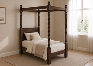 Warsaw Four Poster bed, natural wood finish, substantial corner posts, slatted base, and tall vertical posts in walnut and single size.