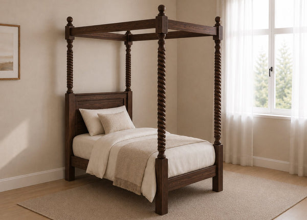 Warsaw Four Poster bed, natural wood finish, substantial corner posts, slatted base, and tall vertical posts in walnut and single size.