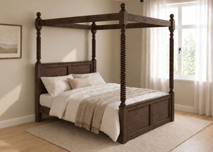 Warsaw Four Poster bed, natural wood finish, substantial corner posts, slatted base, and tall vertical posts in walnut.