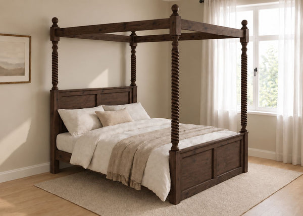 Warsaw Four Poster bed, natural wood finish, substantial corner posts, slatted base, and tall vertical posts in walnut.