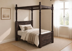 Warsaw Four Poster bed, natural wood finish, substantial corner posts, slatted base, and tall vertical posts in walnut and single size.