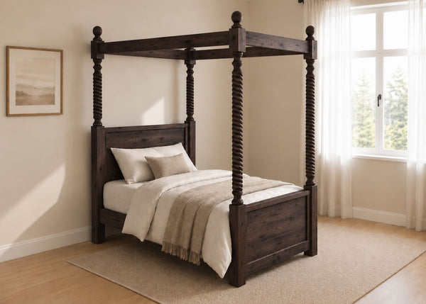 Warsaw Four Poster bed, natural wood finish, substantial corner posts, slatted base, and tall vertical posts in walnut and single size.